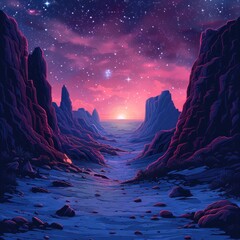 cosmic, desert landscape of alien planet with mountains, rocks, deep crevices and shining stars in space. Space computer game background - obrazy, fototapety, plakaty