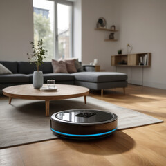 A robot vacuum cleaner cleans the room. Appliances in the house.