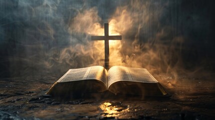 Sacred text lies open with a cross at its heart divine light illuminating its pages from the heavens above