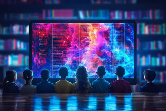 A group of children are engaged with a massive screen showing complex abstract digital data