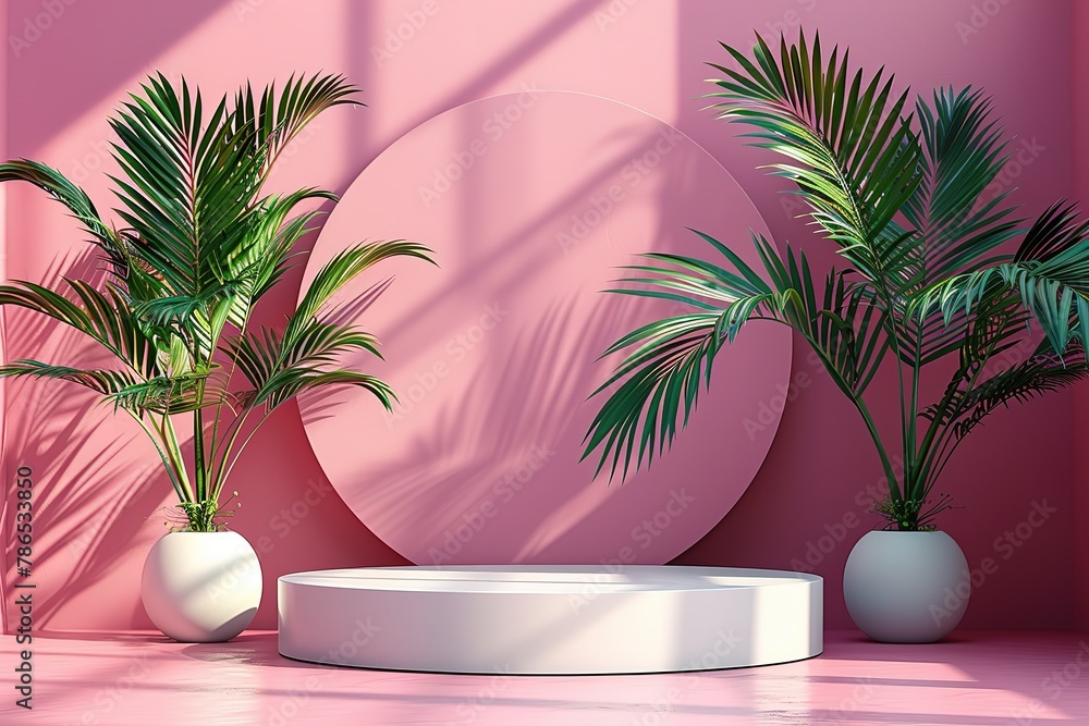 Poster a vector-style illustration of an empty white podium with tropical leaves on the sides, against a pi