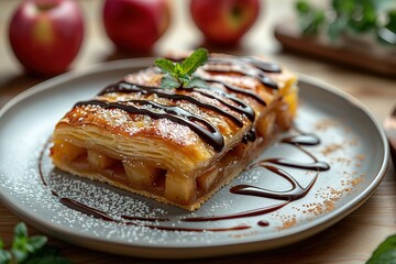 A topdown view of an artistically presented slice of apple strudel on a grey plate, drizzled with...
