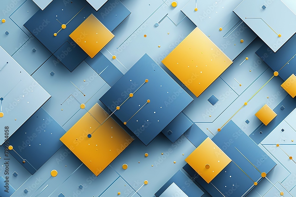 Poster a colorful abstract design with squares of blue, yellow, and white. the squares are arranged in a wa