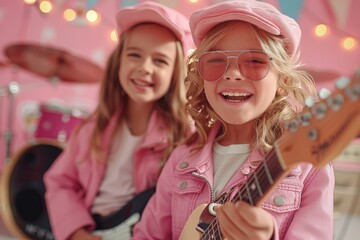 Two cheerful girls with musical instruments are having fun, wearing pink outfits and accessories
