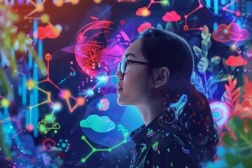 Creative Mind's Galaxy: Visionary Young Woman Amidst a World of Ideas
