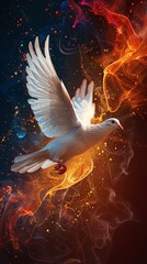 Serene dove flying its form contrasted by a dynamic backdrop of fiery splashes in digital art