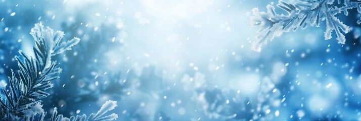 Fototapeta na wymiar A blue sky with snowflakes falling on the ground. Winter banner background
