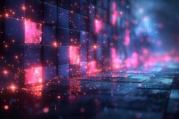 Abstract background with blue and pink glowing squares on a dark blue background.