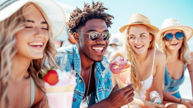 A group of friends enjoying ice cream cones outdoors, laughing and having fun together on the city street or beach.