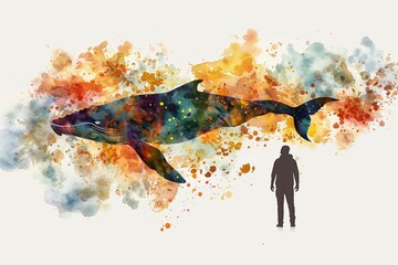 Silhouette of a man and the grandeur of a whale beneath him captured in a watercolor vector illustration - obrazy, fototapety, plakaty