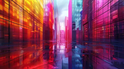 Fensteraufkleber Capture the eerie beauty of dystopian architecture with a pop art twist! Show vibrant colors and angular buildings from unusual camera angles for a fresh perspective Digital Rendering Techniques, © Dinopic 3Ds