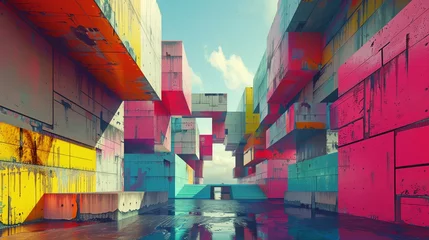 Deurstickers Capture the eerie beauty of dystopian architecture with a pop art twist! Show vibrant colors and angular buildings from unusual camera angles for a fresh perspective Digital Rendering Techniques, © Dinopic 3Ds