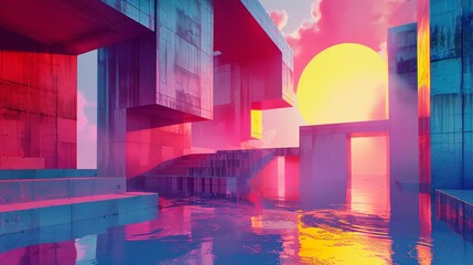 Capture the eerie beauty of dystopian architecture with a pop art twist! Show vibrant colors and angular buildings from unusual camera angles for a fresh perspective Digital Rendering Techniques,