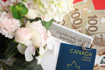 Obraz premium Canadian Certificate of marriage document and wedding ring with canadian dollars and passport close up