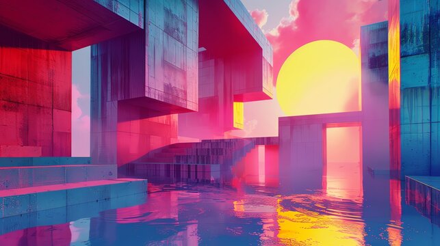 Capture the eerie beauty of dystopian architecture with a pop art twist! Show vibrant colors and angular buildings from unusual camera angles for a fresh perspective Digital Rendering Techniques,