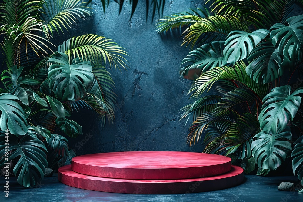 Poster a simple and minimalistic empty podium for product display, surrounded by monstera leaves, with an a