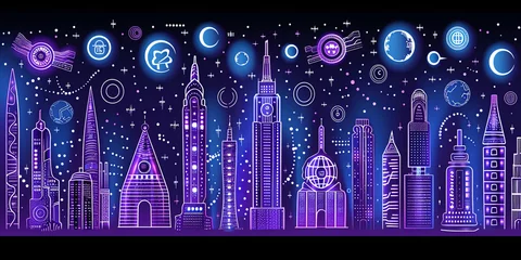 Schilderijen op glas A city skyline with a purple background and a starry sky © JVLMediaUHD