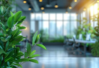 A leafy plant is in a room with a window and a desk