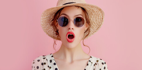 Photo of a surprised young woman wearing sunglasses and a white dress with a straw hat isolated on a pink background, copy space concept for a summer vacation - Powered by Adobe