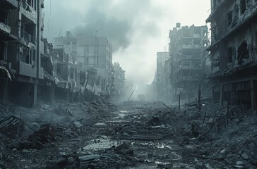 A desolate city street with rubble and debris, and a thick, hazy smoke in the air - obrazy, fototapety, plakaty