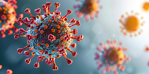 A close up of a virus with red and blue colors - obrazy, fototapety, plakaty