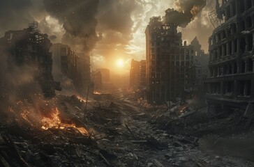 A desolate cityscape with a sun in the sky. The sky is dark and the sun is low on the horizon. The buildings are in ruins and the streets are littered with debris. Scene is bleak and desolate - obrazy, fototapety, plakaty