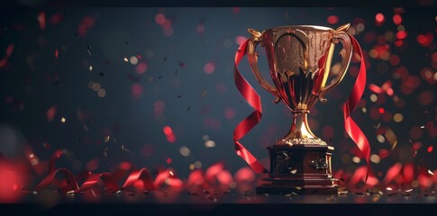 A gold cup with red ribbons on it is sitting on a table. The cup is surrounded by red confetti, which adds to the celebratory atmosphere. Concept of achievement and joy
