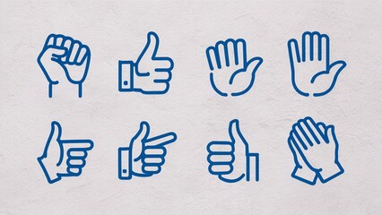 An illustration presenting eight blue hand symbols, each displaying several gestures. These are set against a textured white background. The hand gestures include a clenched fist, giving a thumbs...