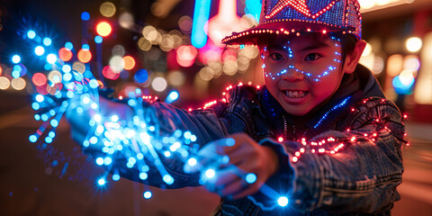 A young boy is holding a string of lights and smiling