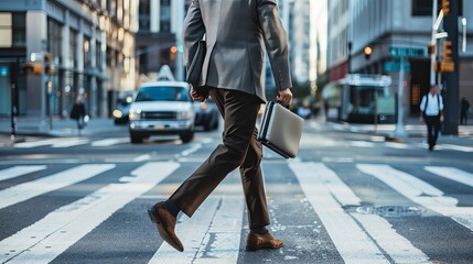 A man in a suit crosses a city street at a crosswalk. He carries a laptop bag in one hand and a smartphone in the other.