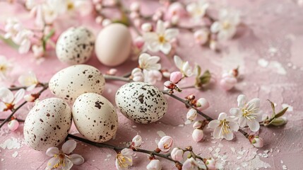 Obraz na płótnie Canvas Springtime jubilee on pink Easter eggs amidst flower buds an invitation for text