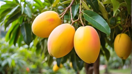 Big Big size Full Yellow color Mangoes, garden in background full blushing color close image