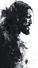 Stark digital illustration of Jesus Christ a powerful monochrome image on a white background