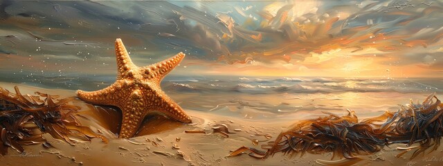 Capture the intricate textures and details of a traditional oil painting showcasing a starfish clipart in the midst of a peaceful sandy landscape