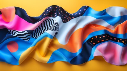 Capture the vibrant essence of summer with a digital vector rendering of a beach towel clipart featuring bold, colorful patterns, viewed from a dynamic tilted angle - obrazy, fototapety, plakaty