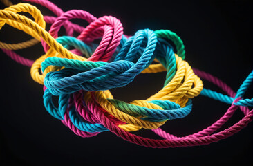 woven knots from tangled colored ropes on a dark background