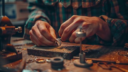 A skilled jeweler carefully crafts a ring using specialized tools in their workshop. - Powered by Adobe