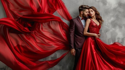 A stylish pair in love. Sexy Woman in Red Shining Dress with Flying Fabric is being embraced by a handsome man. A classy gentleman in a suit and a glamorous model against a gray backdrop