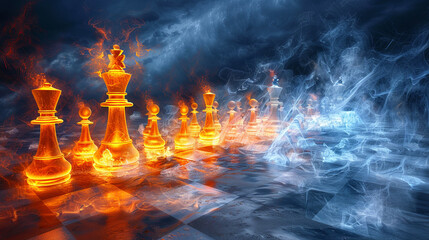 A chess board with a blue background and a fire effect on the pieces