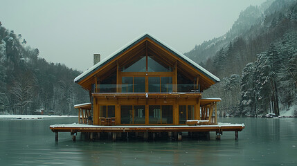 Fototapeta premium A large wooden house sits on a dock in the middle of a lake