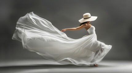A woman in a white dress and a summer hat looks like she's flying in front of a gray background. She could be a bride in a wedding dress or just a beautiful girl in a long, flowing silk dress.