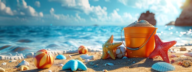 Craft a photorealistic digital rendering of a panoramic view Beach bucket clipart filled with an array of vivid sand toys standing out against the sandy beach backdrop