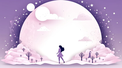 Fototapeta na wymiar Silhouette of a woman walking against a large moon with stars and clouds in shades of purple. Dreamy night sky concept. Design for poster, banner, and book cover with copy space.