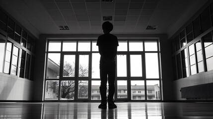 Fototapeta na wymiar Teenage boy a silhouette of solitude in the school hall the weight of unseen challenges around him