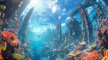 Illustrate a high-tech underwater city blending with vibrant coral reefs, observed from a fish-eye lens perspective Traditional Art Medium, acrylic - obrazy, fototapety, plakaty