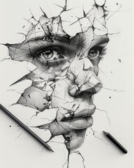 Illustrate a pen and ink drawing showcasing a minimalist depiction of a fractured mind, with jagged lines symbolizing anxiety and a birds-eye view to convey disorientation and introspection