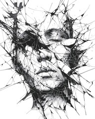 Illustrate a pen and ink drawing showcasing a minimalist depiction of a fractured mind, with jagged lines symbolizing anxiety and a birds-eye view to convey disorientation and introspection