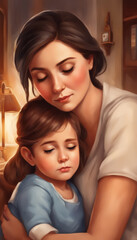 Mother hugging daughter, creating a cozy and loving memory