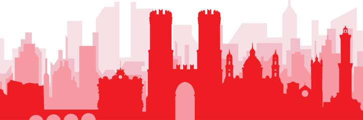 Red panoramic city skyline poster with reddish misty transparent background buildings of GENOA (GENOVA), ITALY