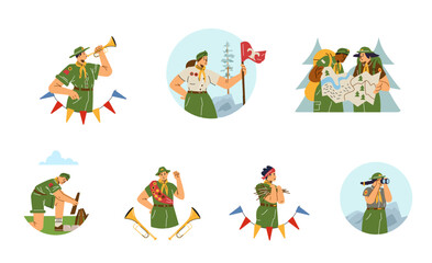 Scouts makes bonfire, exploring map, looks through binoculars, blow the fife, cartoon scout camping adventure vector set